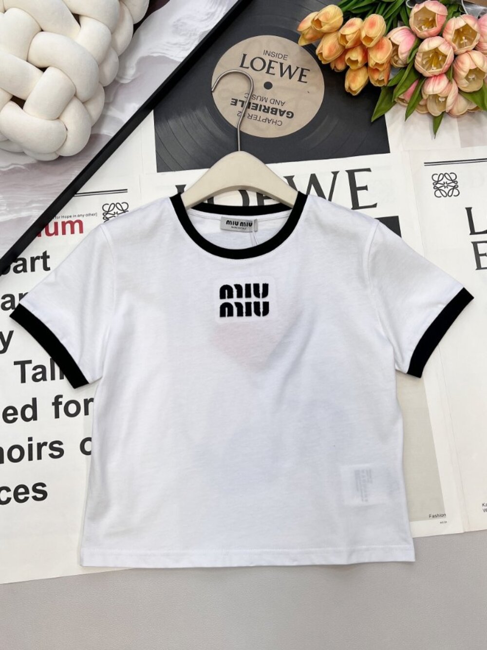 Miu Miu Ringer Short‑Sleeve T‑Shirt Square Logo Patch Cropped Tee